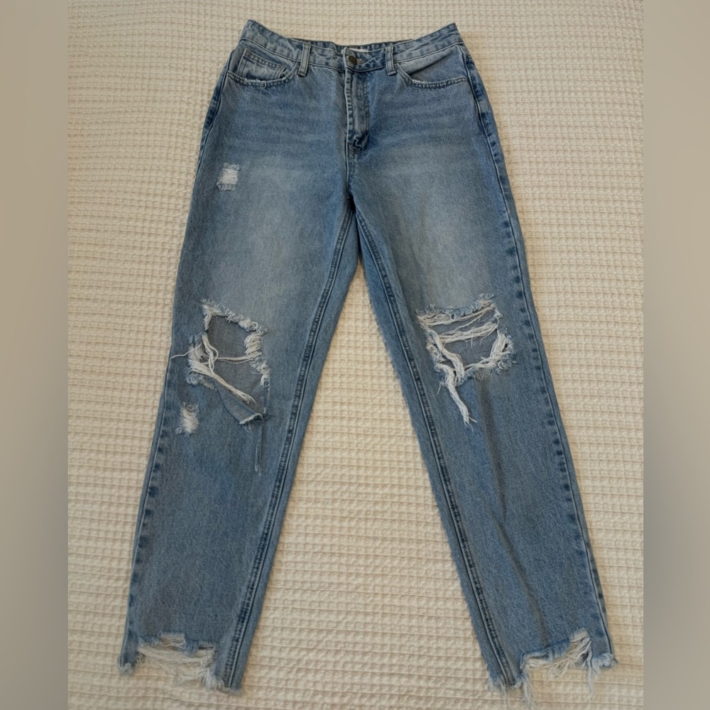 Classic Blue Distressed Women's Straight Leg Jeans